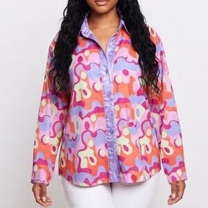 Womens Pleated Button Up Shirt Long Sleeve Abstract Print Purple Orange Pink